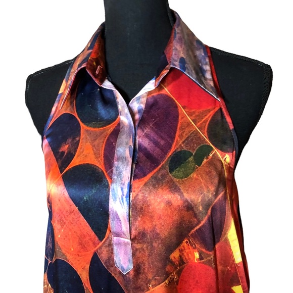 CROP David Peck silk abstract print sleeveless shirt dress with pockets S - Picture 6 of 14